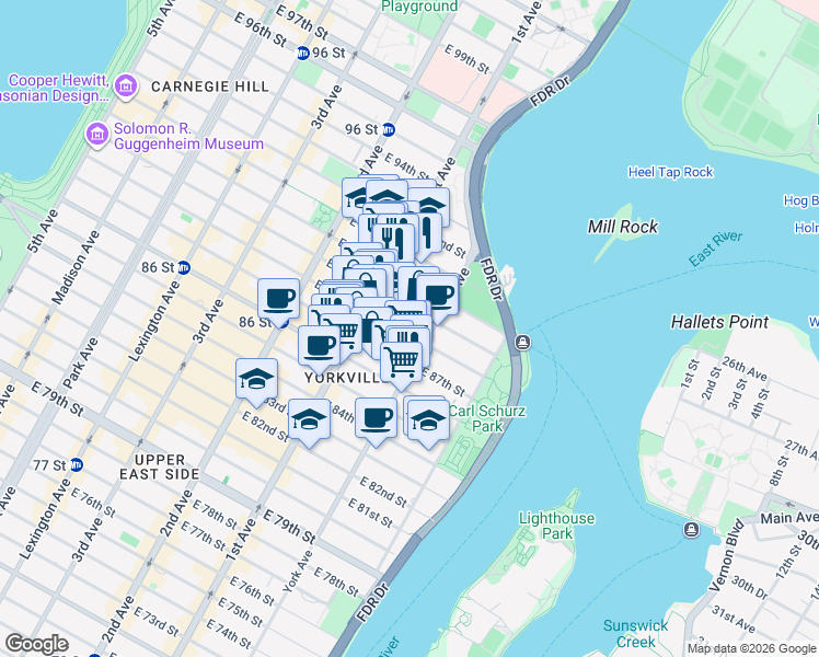 map of restaurants, bars, coffee shops, grocery stores, and more near 443 East 88th Street in New York