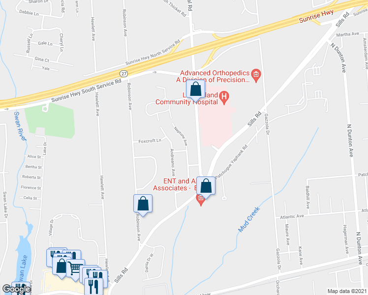 map of restaurants, bars, coffee shops, grocery stores, and more near 28 Neptune Avenue in East Patchogue
