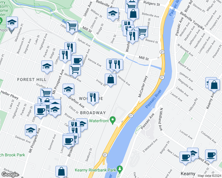 map of restaurants, bars, coffee shops, grocery stores, and more near 825 Broadway in Newark