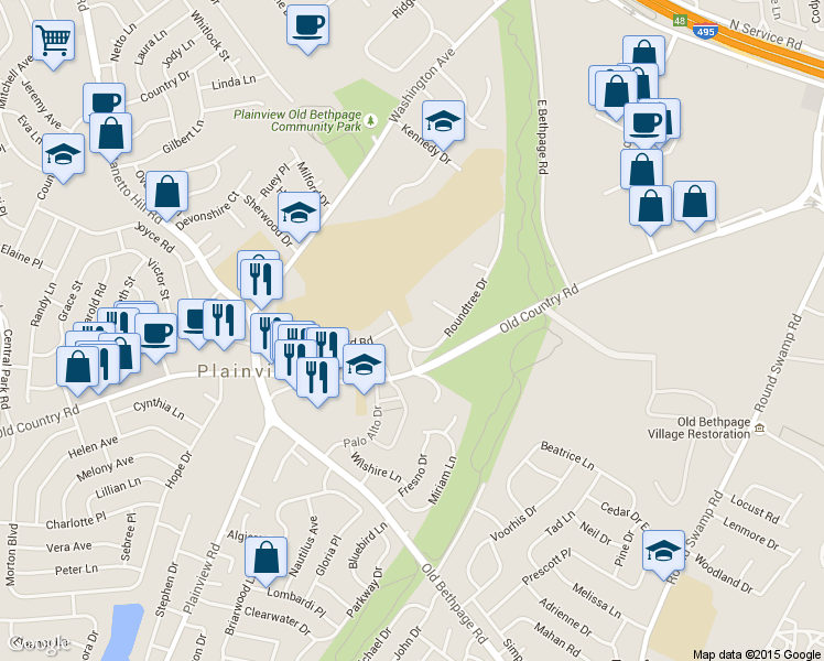 map of restaurants, bars, coffee shops, grocery stores, and more near 65 Roundtree Dr in Plainview