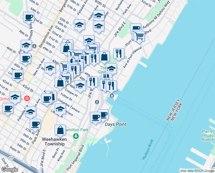 map of restaurants, bars, coffee shops, grocery stores, and more near 162 Port Imperial Boulevard in Weehawken