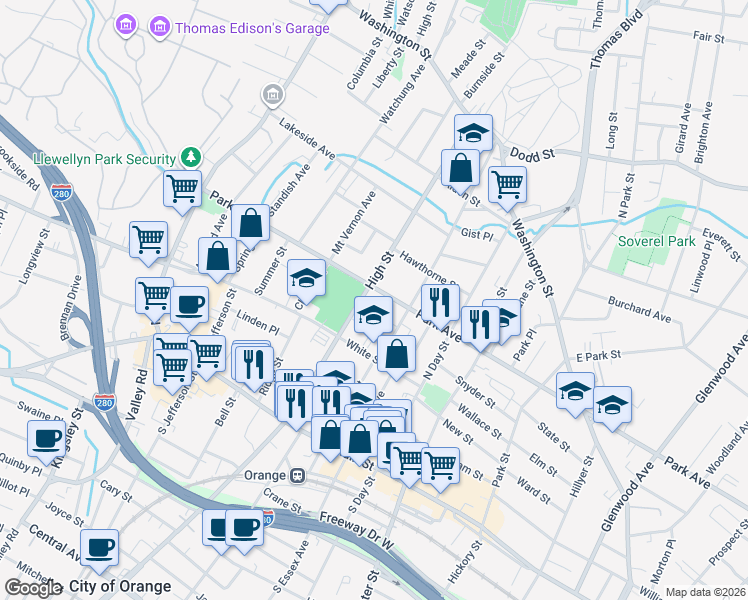 map of restaurants, bars, coffee shops, grocery stores, and more near 158 High Street in City of Orange
