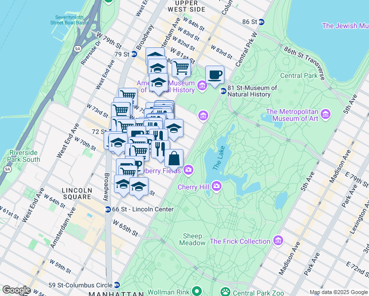 map of restaurants, bars, coffee shops, grocery stores, and more near 4 West 74th Street in New York