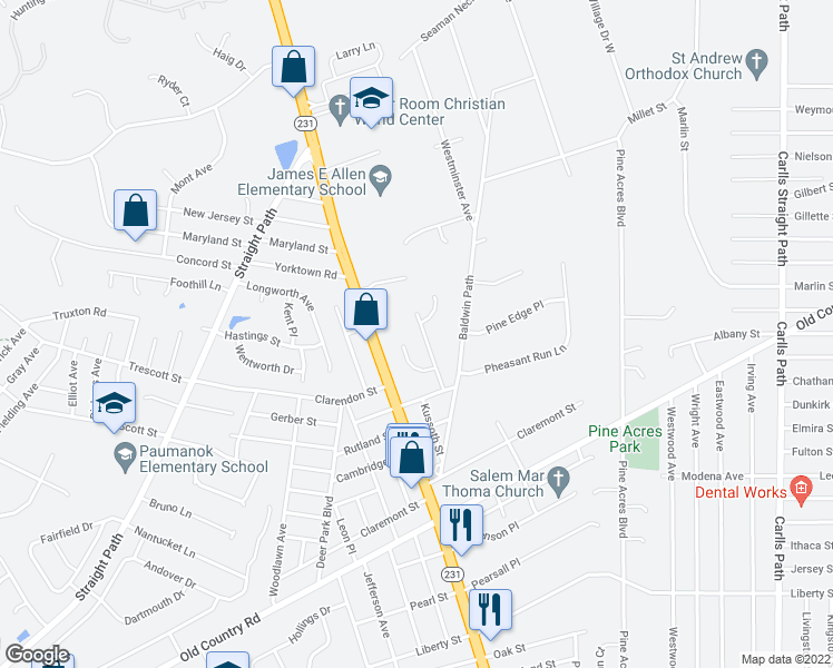 map of restaurants, bars, coffee shops, grocery stores, and more near 13 Burroughs Avenue in Huntington Station