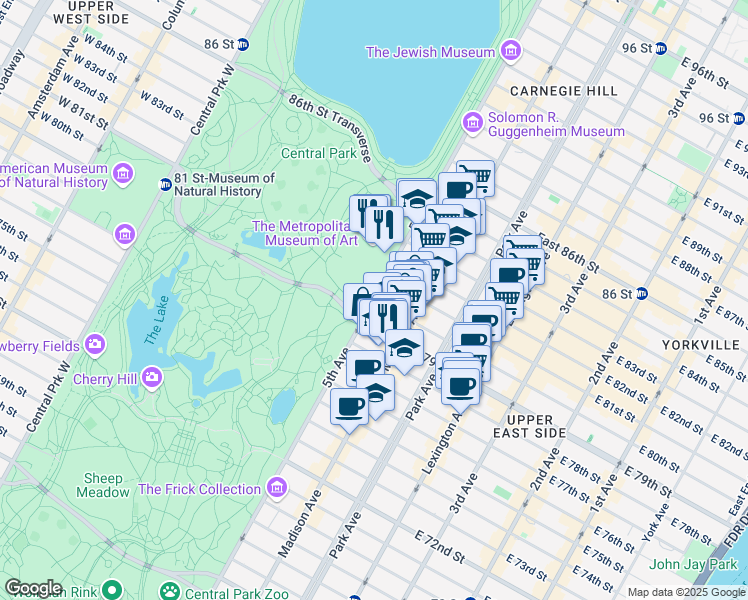 map of restaurants, bars, coffee shops, grocery stores, and more near 5th Avenue & East 80th Street in New York
