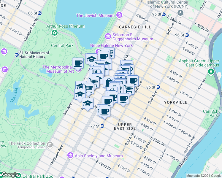 map of restaurants, bars, coffee shops, grocery stores, and more near 941 Park Avenue in New York