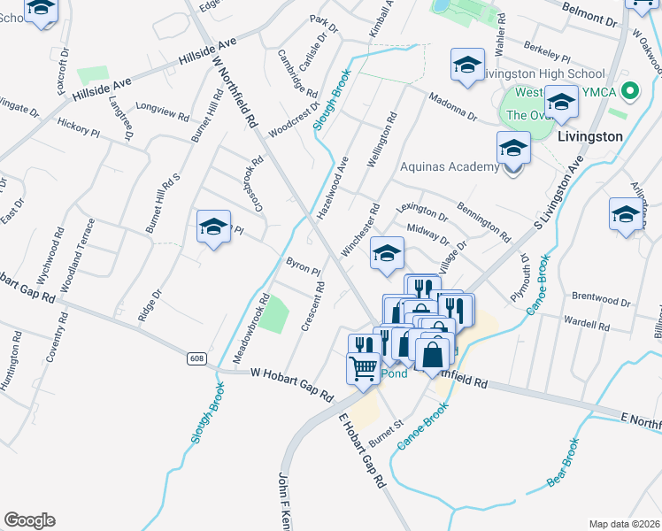 map of restaurants, bars, coffee shops, grocery stores, and more near 7 Crescent Road in Livingston