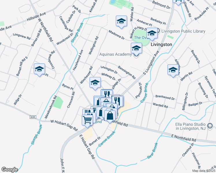 map of restaurants, bars, coffee shops, grocery stores, and more near 26 Concord Drive in Livingston