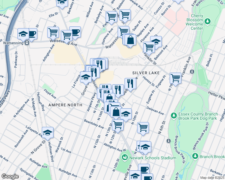 map of restaurants, bars, coffee shops, grocery stores, and more near 25 Columbus Street in Bloomfield
