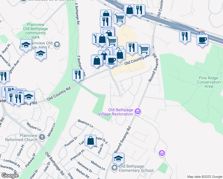 map of restaurants, bars, coffee shops, grocery stores, and more near 9104 Beech Tree Lane in Plainview