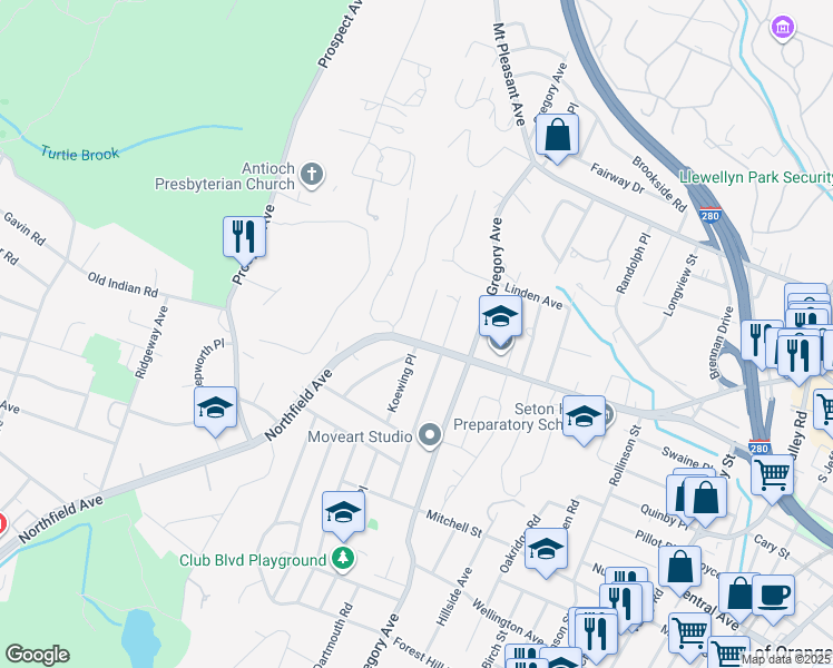 map of restaurants, bars, coffee shops, grocery stores, and more near 2 North Koewing Place in West Orange