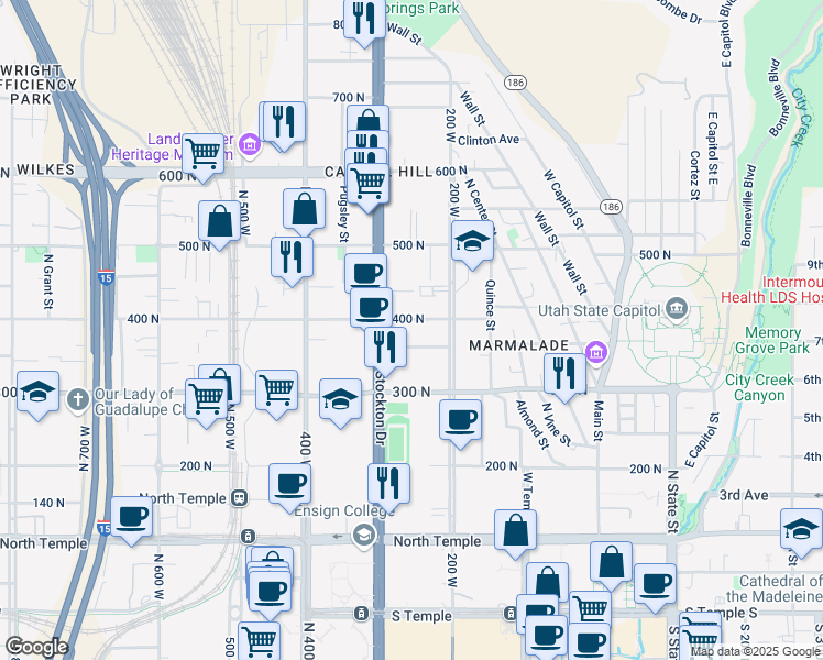 map of restaurants, bars, coffee shops, grocery stores, and more near 252 West Ardmore Place in Salt Lake City