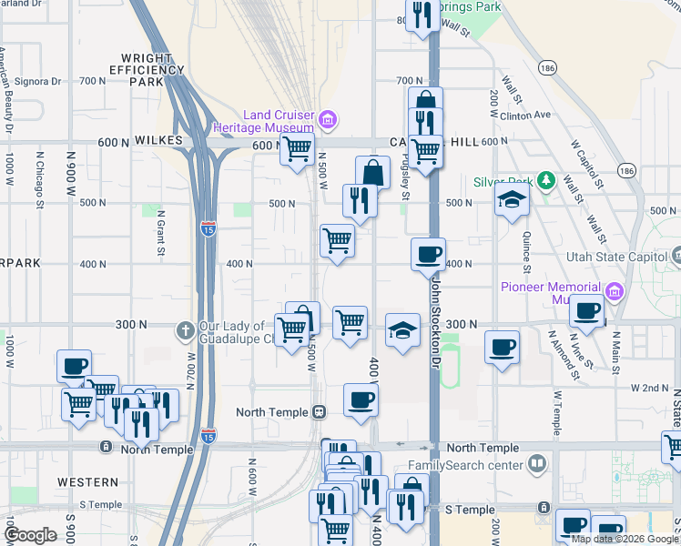 map of restaurants, bars, coffee shops, grocery stores, and more near in Salt Lake City