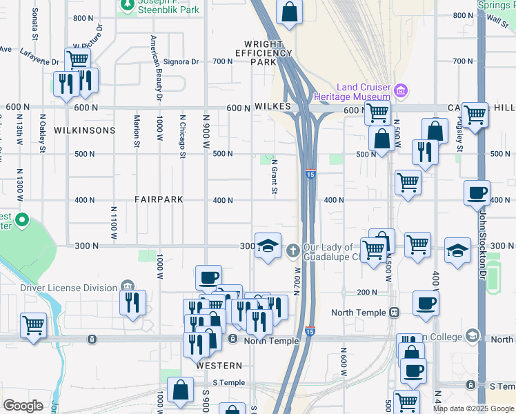 map of restaurants, bars, coffee shops, grocery stores, and more near 356 North 8th West in Salt Lake City