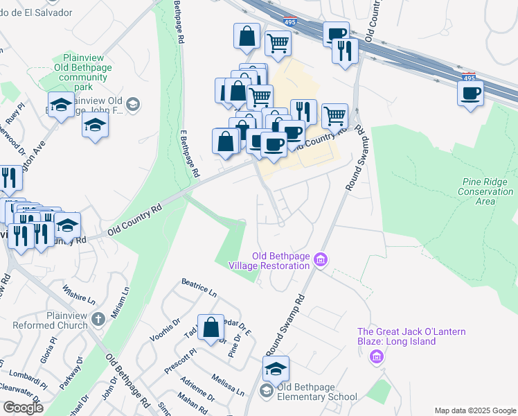 map of restaurants, bars, coffee shops, grocery stores, and more near 9104 Beech Tree Lane in Plainview