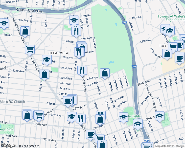 map of restaurants, bars, coffee shops, grocery stores, and more near 199-27 22nd Avenue in Queens
