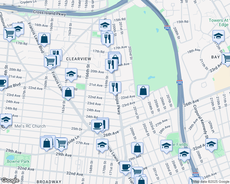 map of restaurants, bars, coffee shops, grocery stores, and more near 169-24 21st Road in Queens