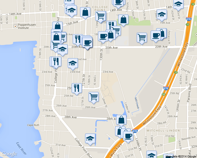 map of restaurants, bars, coffee shops, grocery stores, and more near 23-38 130th Street in Queens