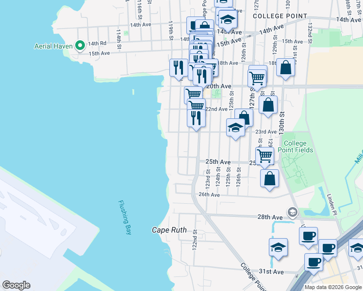 map of restaurants, bars, coffee shops, grocery stores, and more near 23-37 120th Street in Queens