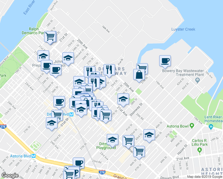 map of restaurants, bars, coffee shops, grocery stores, and more near 2063 33rd Street in Queens