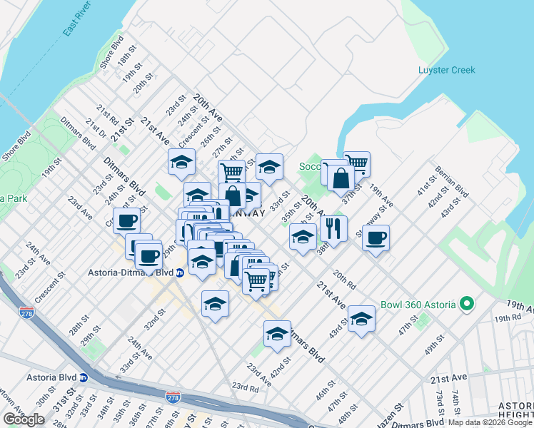 map of restaurants, bars, coffee shops, grocery stores, and more near 2063 33rd Street in Queens