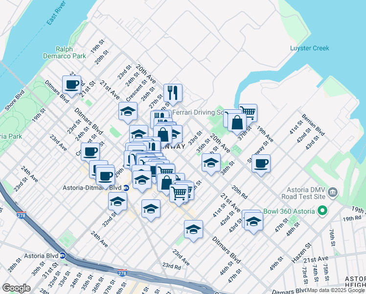 map of restaurants, bars, coffee shops, grocery stores, and more near 2063 33rd Street in Queens