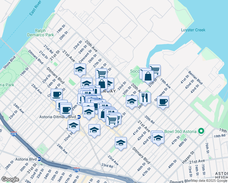 map of restaurants, bars, coffee shops, grocery stores, and more near 2063 33rd Street in Queens