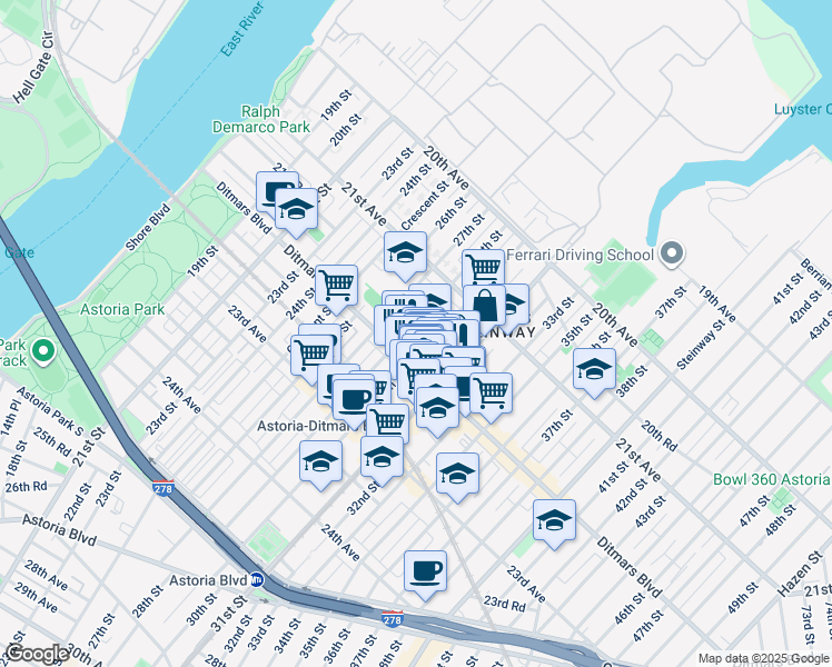 map of restaurants, bars, coffee shops, grocery stores, and more near in Queens