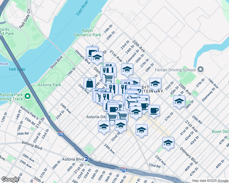 map of restaurants, bars, coffee shops, grocery stores, and more near 22-37 27th Street in Queens