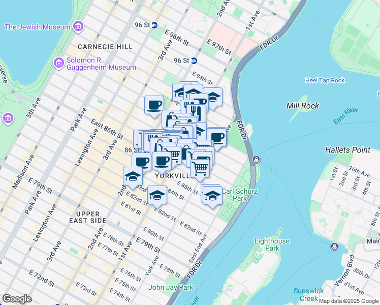 map of restaurants, bars, coffee shops, grocery stores, and more near 1689 1st Avenue in New York