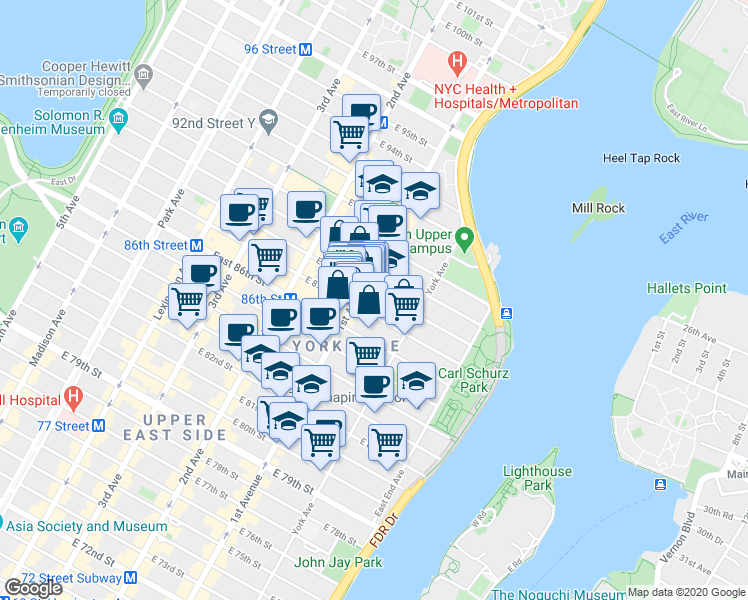 map of restaurants, bars, coffee shops, grocery stores, and more near 1689 1st Avenue in New York