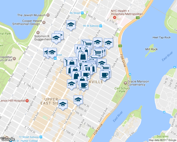 map of restaurants, bars, coffee shops, grocery stores, and more near 1661 1st Avenue in New York