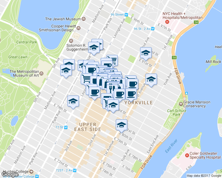 map of restaurants, bars, coffee shops, grocery stores, and more near 229 East 85th Street in New York
