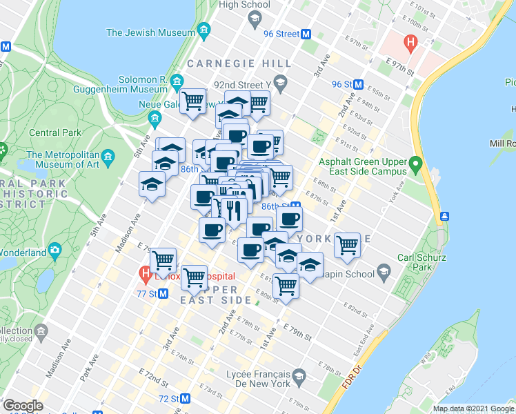 map of restaurants, bars, coffee shops, grocery stores, and more near 1517 3rd Avenue in New York