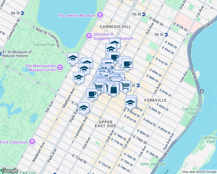 map of restaurants, bars, coffee shops, grocery stores, and more near 1470 3rd Avenue in New York
