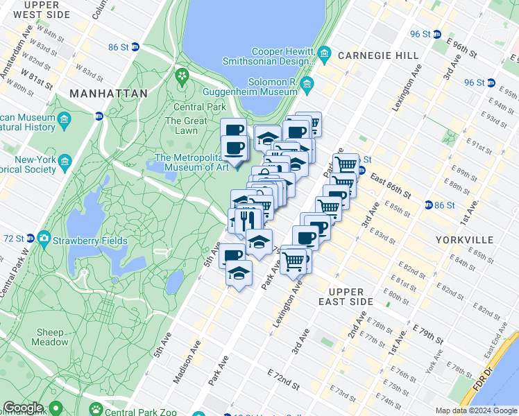 map of restaurants, bars, coffee shops, grocery stores, and more near 6 East 80th Street in New York