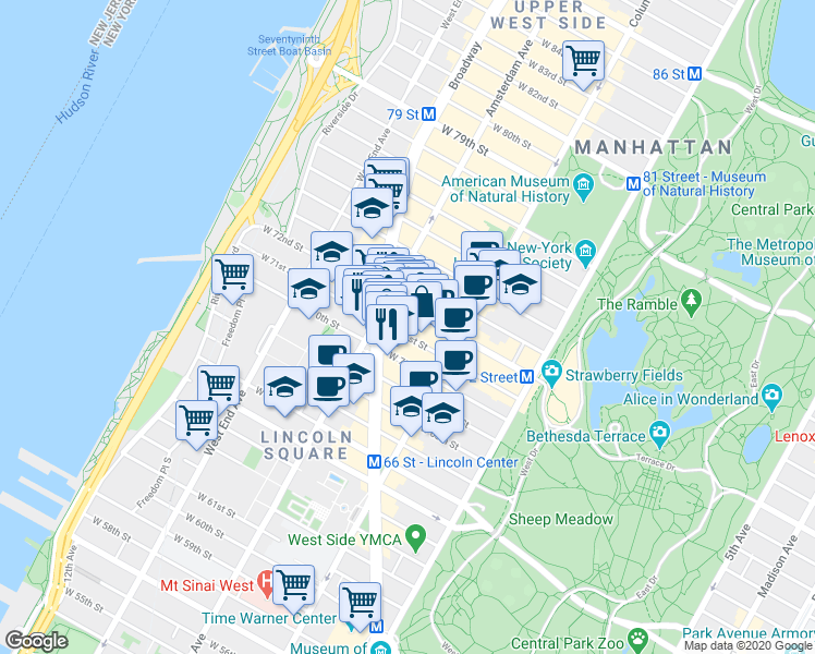 map of restaurants, bars, coffee shops, grocery stores, and more near in New York