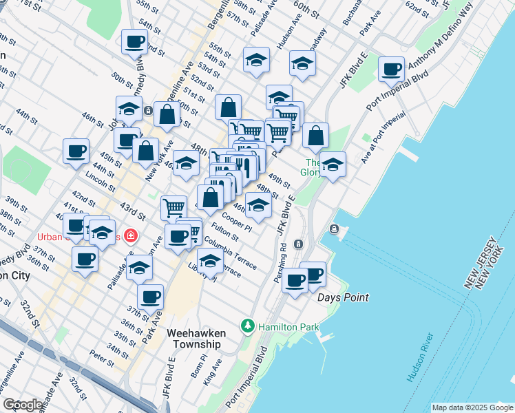 map of restaurants, bars, coffee shops, grocery stores, and more near 56 46th Street in Weehawken