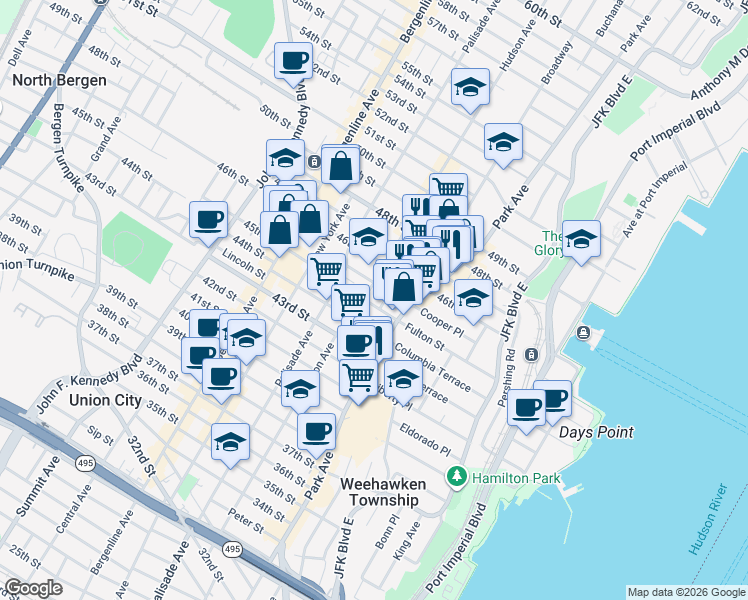 map of restaurants, bars, coffee shops, grocery stores, and more near 4504 Brown Street in Union City