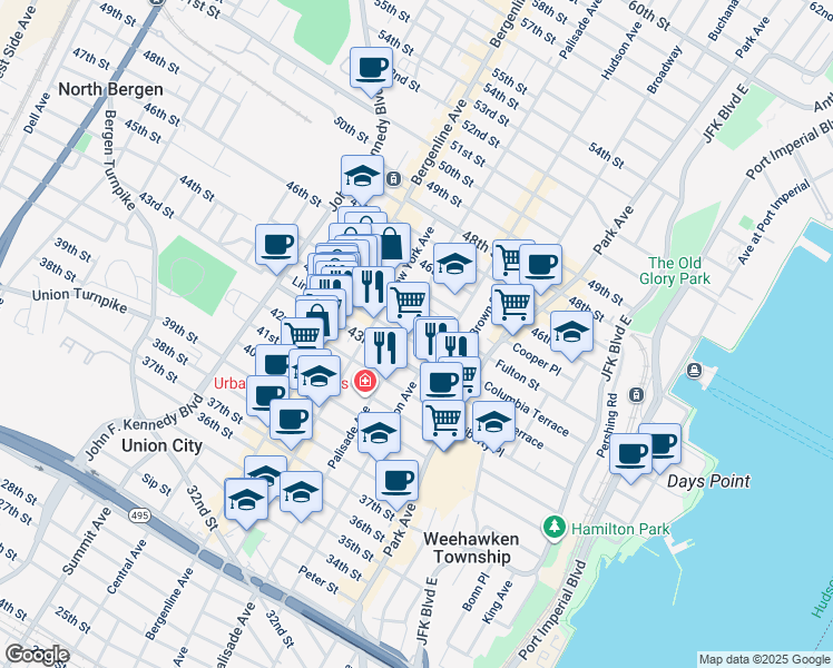 map of restaurants, bars, coffee shops, grocery stores, and more near 4313 Palisade Avenue in Union City