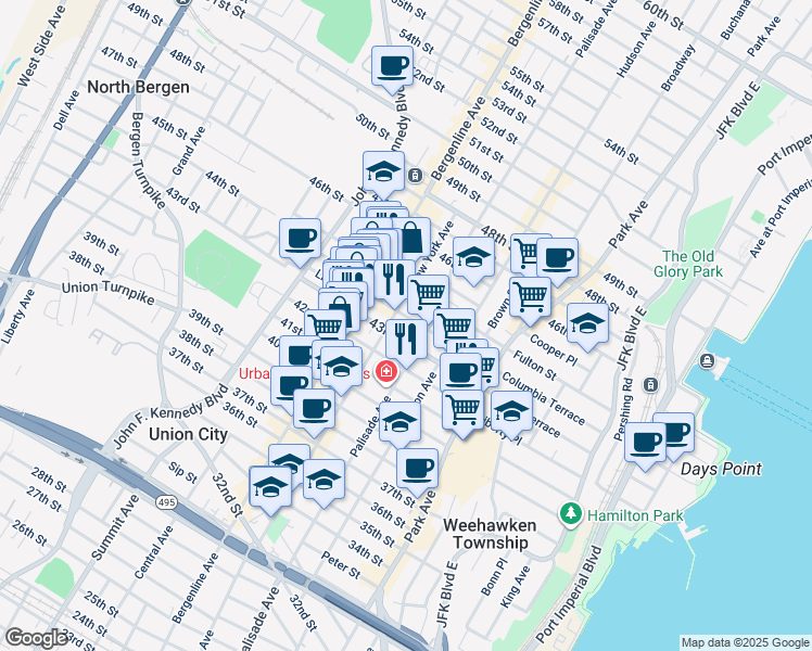 map of restaurants, bars, coffee shops, grocery stores, and more near 4313 Palisade Avenue in Union City
