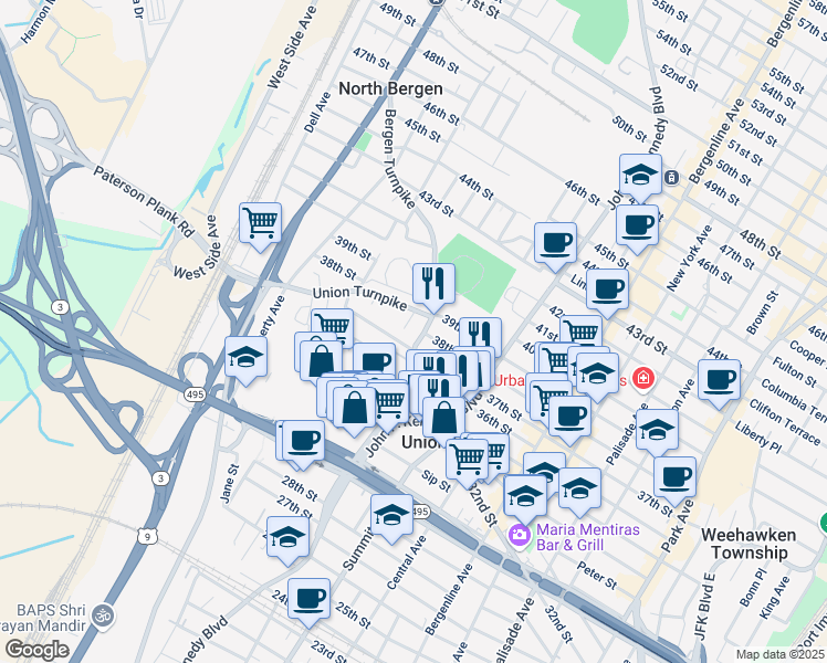 map of restaurants, bars, coffee shops, grocery stores, and more near 3709 Bergen Turnpike in North Bergen