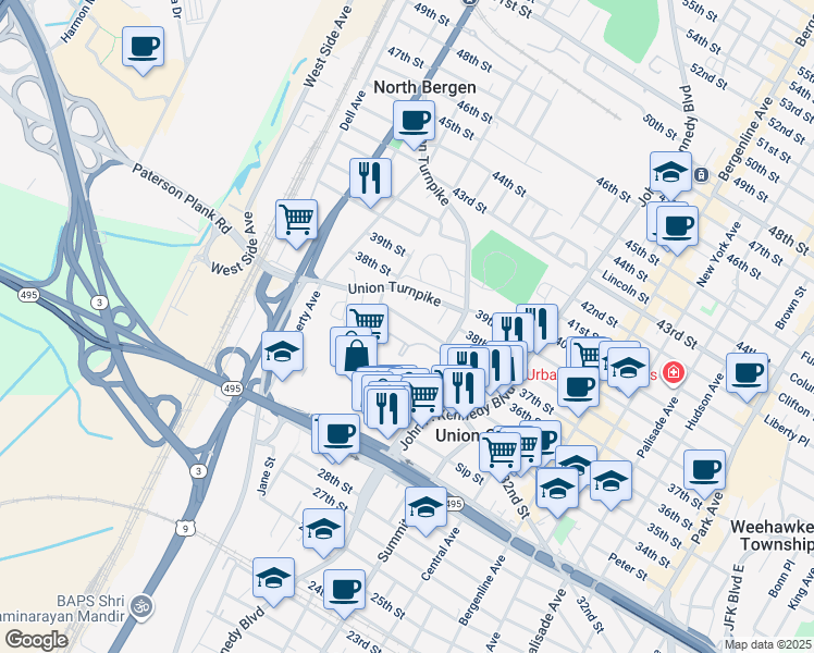 map of restaurants, bars, coffee shops, grocery stores, and more near 3626 Lincoln Terrace in North Bergen