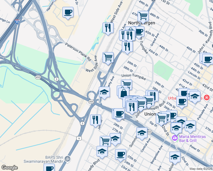 map of restaurants, bars, coffee shops, grocery stores, and more near 3303 Liberty Avenue in North Bergen