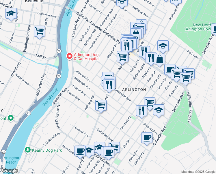 map of restaurants, bars, coffee shops, grocery stores, and more near 745 Kearny Avenue in Kearny