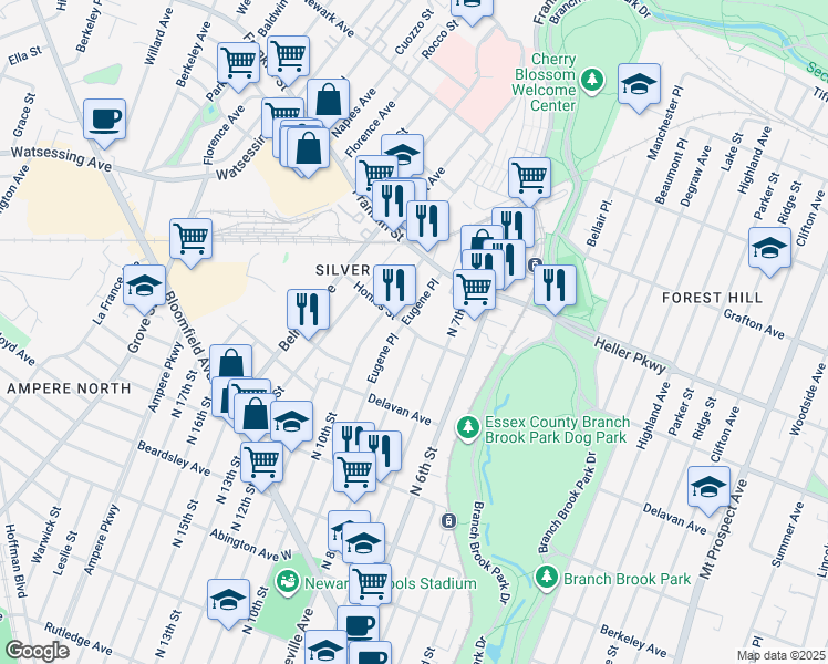 map of restaurants, bars, coffee shops, grocery stores, and more near 13 Honiss Street in Belleville