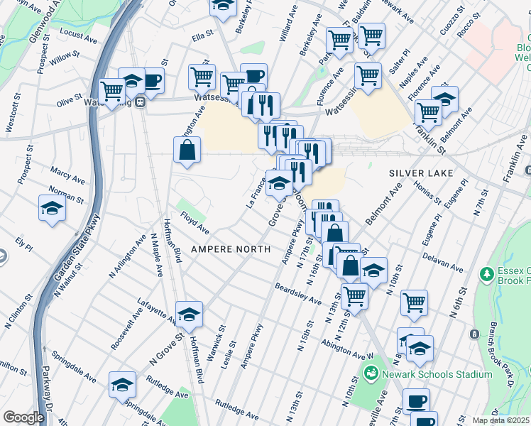 map of restaurants, bars, coffee shops, grocery stores, and more near 20 Elmwood Avenue in Bloomfield
