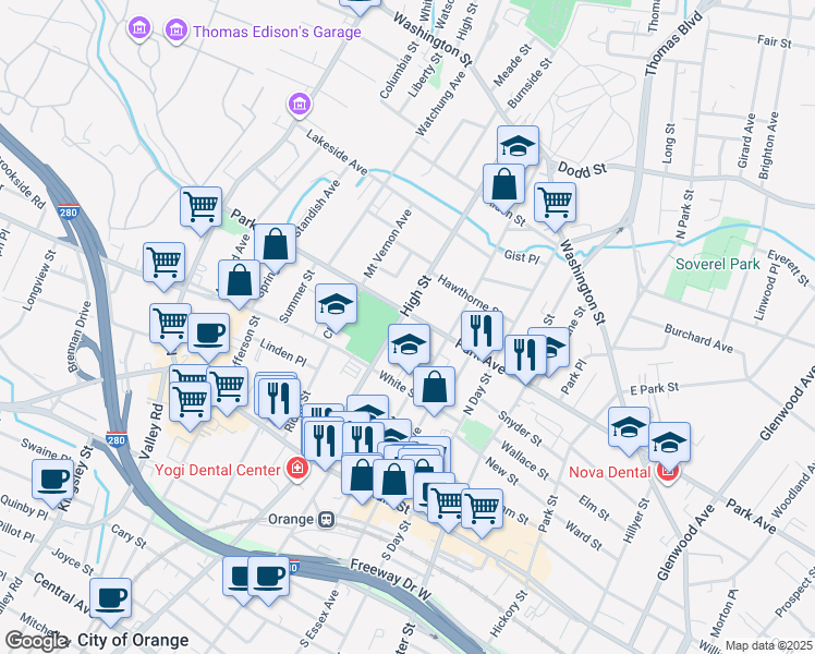 map of restaurants, bars, coffee shops, grocery stores, and more near 158 High Street in City of Orange
