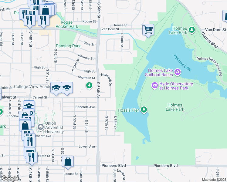 map of restaurants, bars, coffee shops, grocery stores, and more near 3576 Neerpark Drive in Lincoln