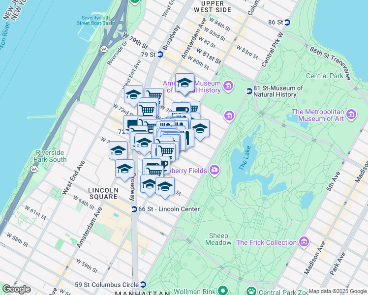 map of restaurants, bars, coffee shops, grocery stores, and more near 42 West 73rd Street in New York